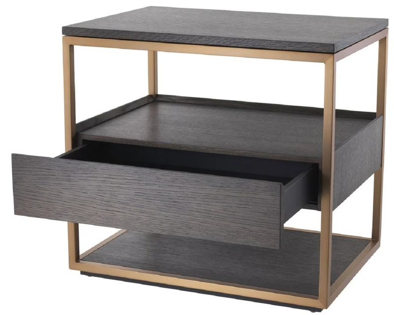 Casa Padrino Luxus Beistelltisch mit Schublade Mokka / Kupfer 65 x 46 x H. 61 cm - Eichenfurnier Nachttisch mit Edelstahl Gestell - Luxus Möbel
