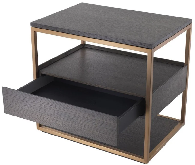 Casa Padrino Luxus Beistelltisch mit Schublade Mokka / Kupfer 65 x 46 x H. 61 cm - Eichenfurnier Nachttisch mit Edelstahl Gestell - Luxus Möbel