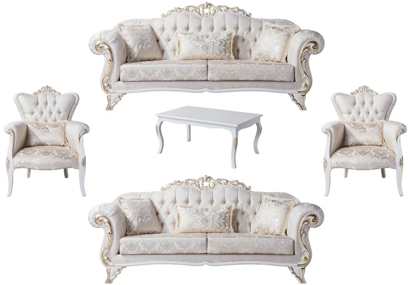 Casa Padrino Luxus Barock Wohnzimmer Set Creme / Weiß / Gold - 2 Sofas & 2 Sessel & 1 Couchtisch - Wohnzimmer Möbel im Barockstil - Edel & Prunkvoll