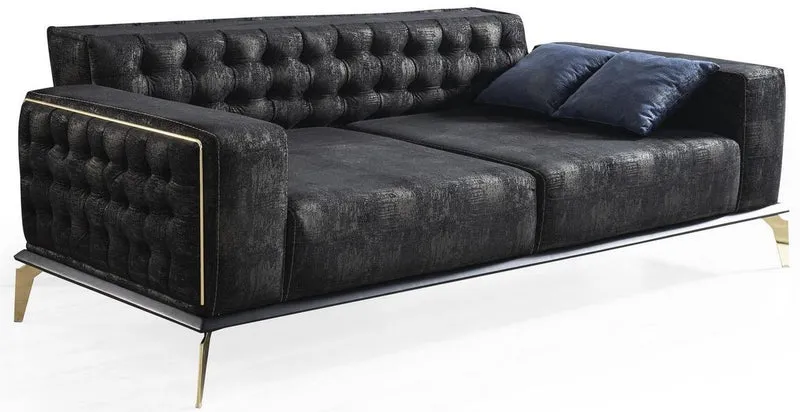 Casa Padrino Luxus Art Deco Chesterfield Wohnzimmer Set Schwarz / Blau / Weiß - 2 Sofas & 2 Drehsessel & 1 Couchtisch - Edle Wohnzimmer Möbel
