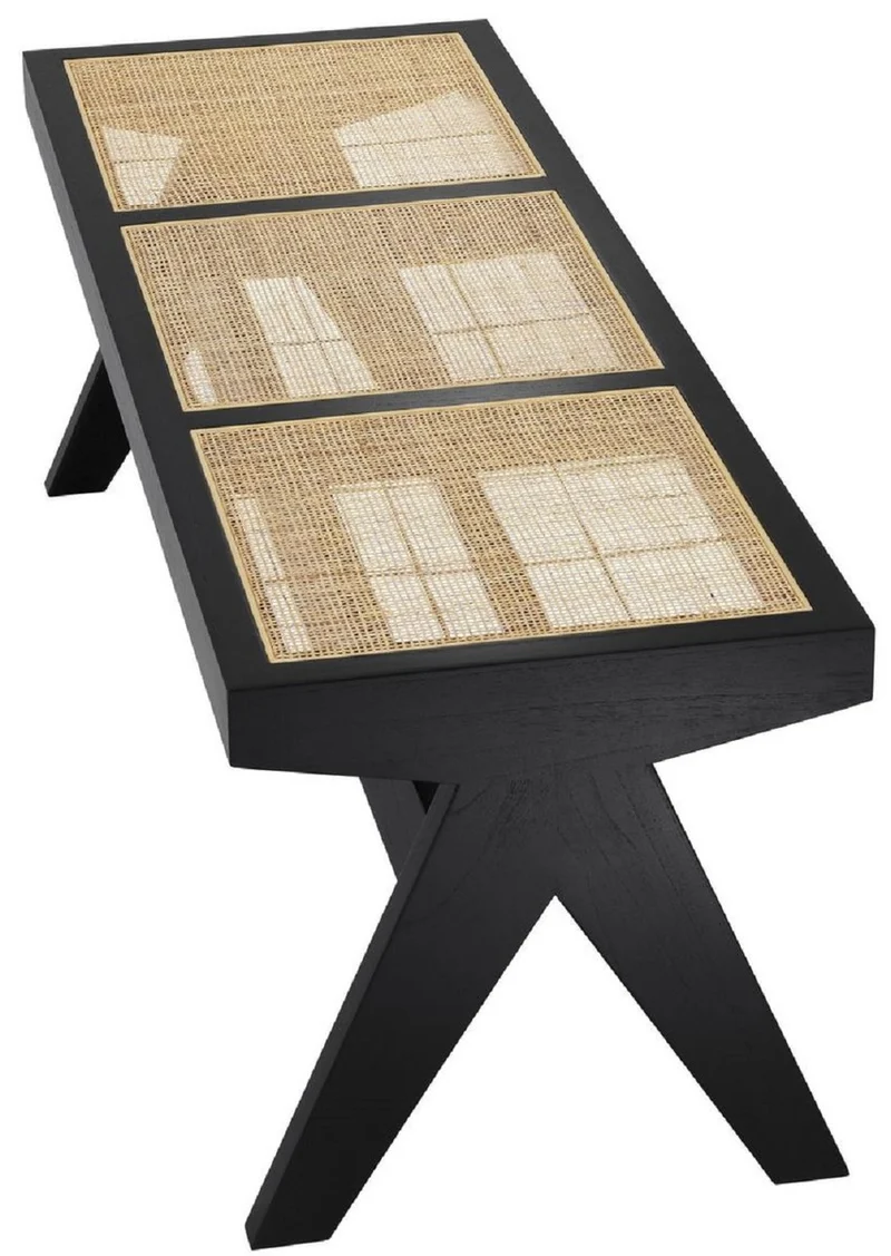 Casa Padrino Luxus Sitzbank Schwarz / Naturfarben 136 x 46 x H. 47 cm - Massivholz Bank mit handgewebtem Rattangeflecht - Luxus Möbel