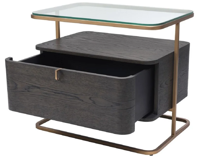 Casa Padrino Luxus Beistelltisch Mokka / Messing 65 x 46 x H. 57 cm - Edler Nachttisch mit Glasplatte und Schublade - Luxus Möbel