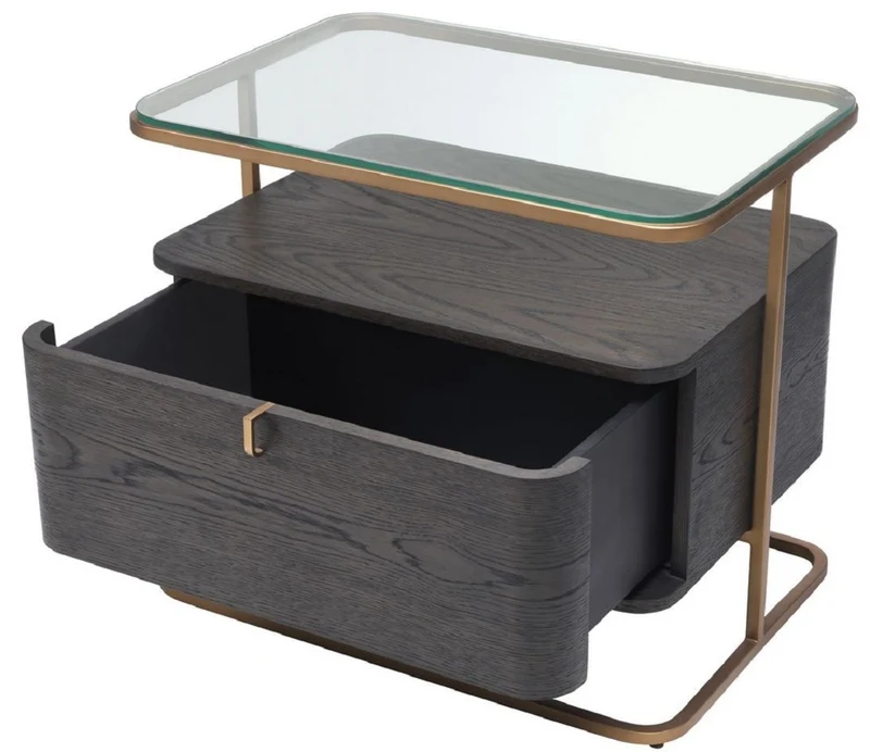Casa Padrino Luxus Beistelltisch Mokka / Messing 65 x 46 x H. 57 cm - Edler Nachttisch mit Glasplatte und Schublade - Luxus Möbel