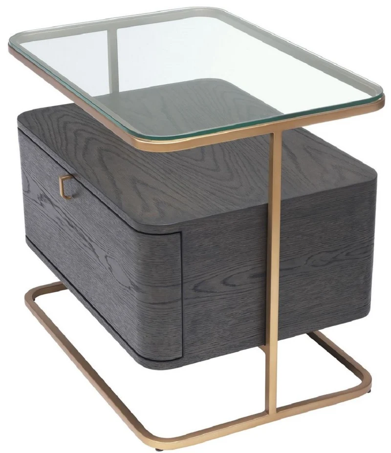 Casa Padrino Luxus Beistelltisch Mokka / Messing 65 x 46 x H. 57 cm - Edler Nachttisch mit Glasplatte und Schublade - Luxus Möbel