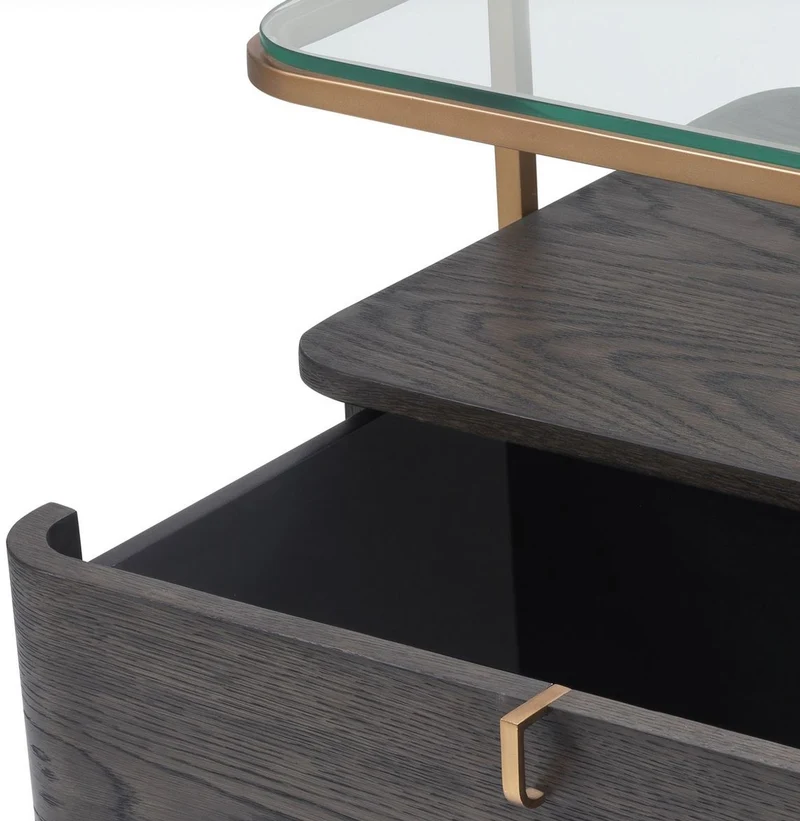 Casa Padrino Luxus Beistelltisch Mokka / Messing 65 x 46 x H. 57 cm - Edler Nachttisch mit Glasplatte und Schublade - Luxus Möbel