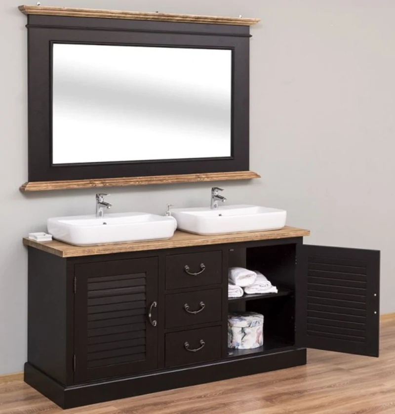 Casa Padrino Landhausstil Badezimmer Set Schwarz / Naturfarben - 1 Doppelwaschtisch & 1 Wandspiegel - Landhausstil Badezimmer Möbel