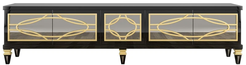 Casa Padrino Luxus Barock TV Schrank Schwarz / Gold 213 x 55 x H. 66 cm - Prunkvoller Fernsehschrank mit 5 verspiegelten Türen - Barock Möbel