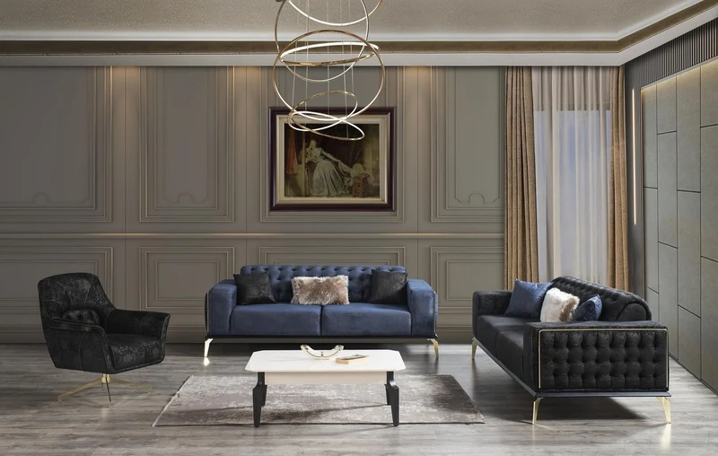Casa Padrino Luxus Art Deco Chesterfield Sofa Blau / Grau / Schwarz / Messingfarben 236 x 99 x H. 86 cm - Edles Wohnzimmer Sofa mit dekorativen Kissen - Luxus Qualität