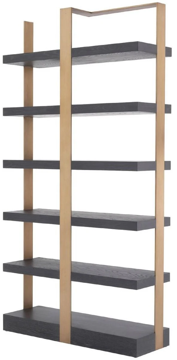 Casa Padrino Luxus Regalschrank Anthrazitgrau / Messingfarben 120,5 x 40 x H. 230 cm - Eichenfurnier Schrank mit Edelstahlrahmen - Bücherschrank - Luxus Wohnzimmer Möbel
