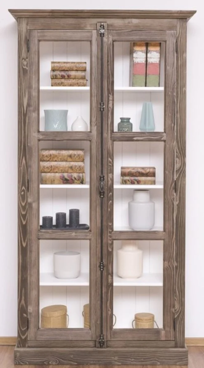 Casa Padrino Landhausstil Vitrine Braun / Weiß 109 x 40 x H. 210 cm - Massivholz Schrank mit 2 Glastüren - Vitrinenschrank - Landhausstil Möbel