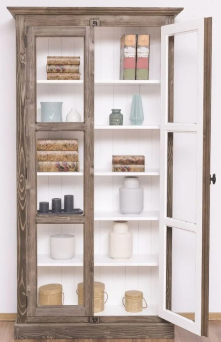 Casa Padrino Landhausstil Vitrine Braun / Weiß 109 x 40 x H. 210 cm - Massivholz Schrank mit 2 Glastüren - Vitrinenschrank - Landhausstil Möbel