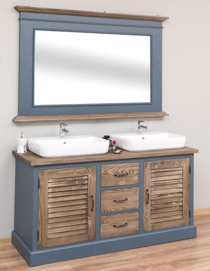 Casa Padrino Landhausstil Badezimmer Set Blau / Braun - 1 Doppelwaschtisch & 1 Wandspiegel - Landhausstil Badezimmer Möbel