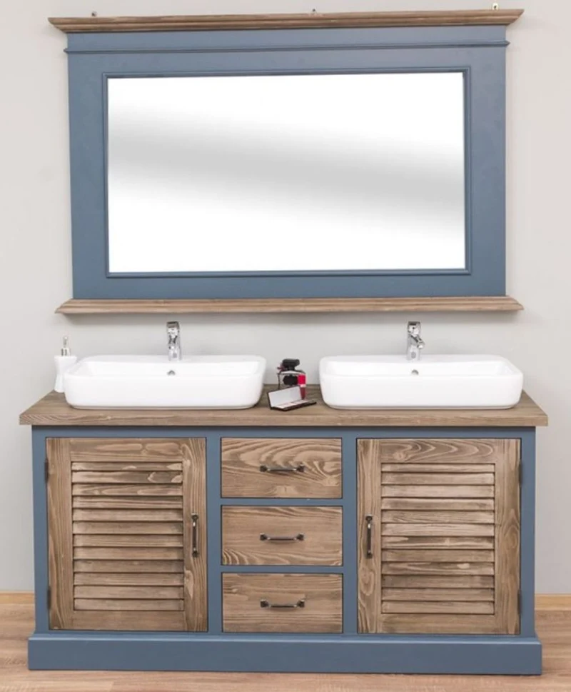 Casa Padrino Landhausstil Badezimmer Set Blau / Braun - 1 Doppelwaschtisch & 1 Wandspiegel - Landhausstil Badezimmer Möbel