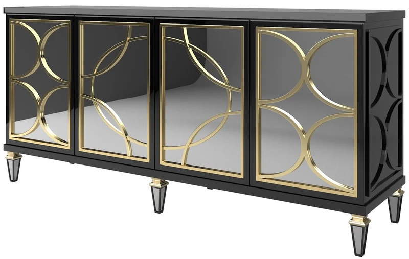 Casa Padrino Luxus Barock Sideboard Schwarz / Gold 220 x 55 x H. 105 cm - Prunkvoller Schrank mit 4 verspiegelten Türen - Barock Möbel