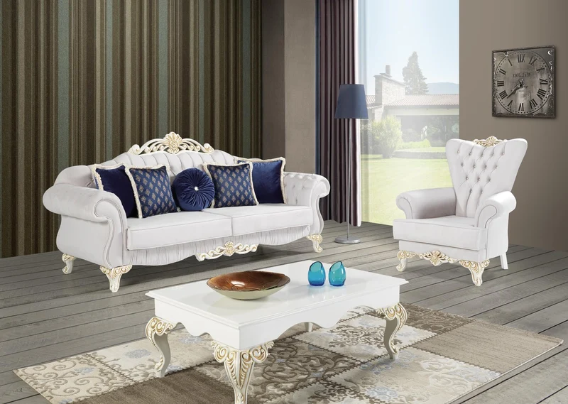 Casa Padrino Barock Wohnzimmer Set Hellgrau / Weiß / Creme / Gold - 2 Sofas & 2 Sessel & 1 Couchtisch - Edle Wohnzimmer Möbel im Barockstil