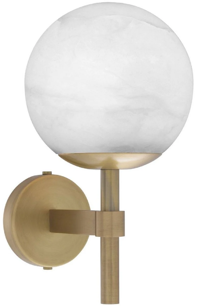 Casa Padrino Luxus Wandleuchte Antik Messingfarben / Alabaster 18 x 26 x H. 35 cm - Elegante Metall Wandlampe mit rundem Alabaster Lampenschirm - Luxus Kollektion