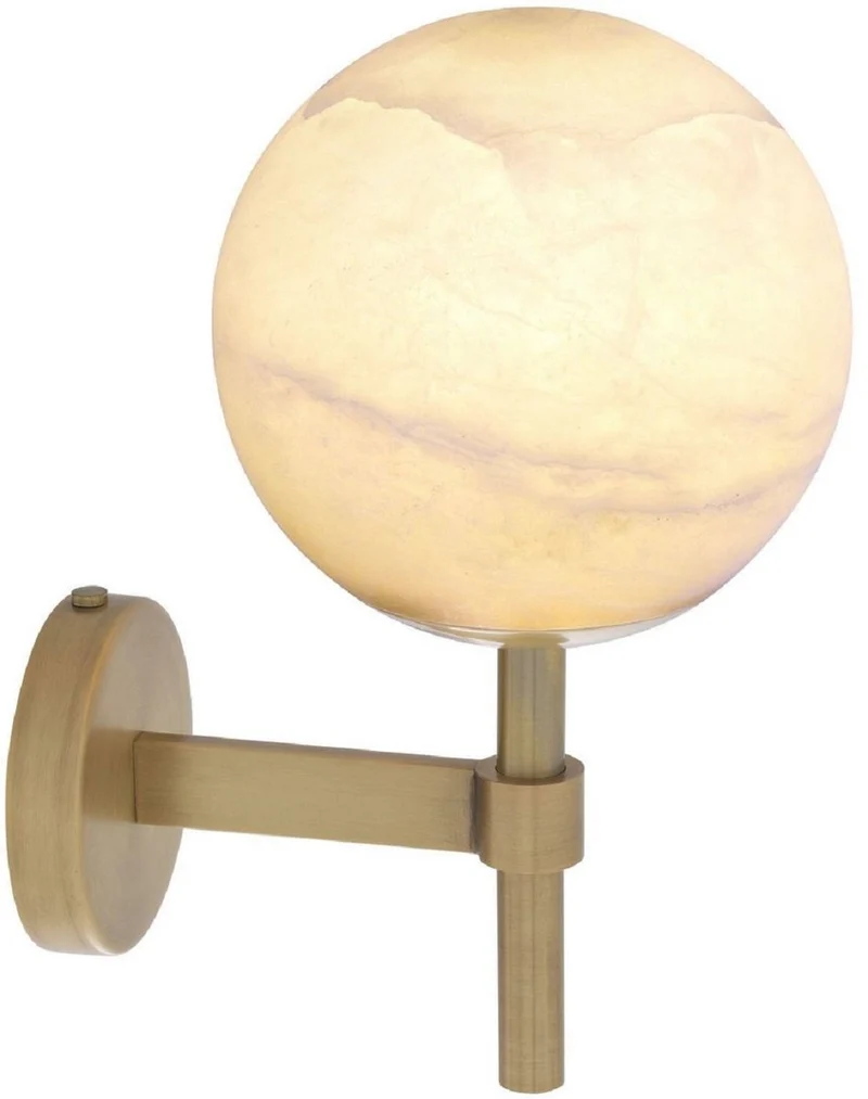 Casa Padrino Luxus Wandleuchte Antik Messingfarben / Alabaster 18 x 26 x H. 35 cm - Elegante Metall Wandlampe mit rundem Alabaster Lampenschirm - Luxus Kollektion
