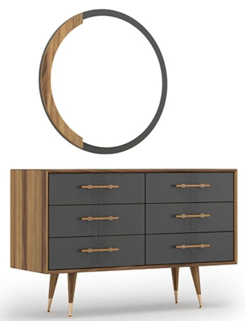 Casa Padrino Luxus Schlafzimmer Set Braun / Grau / Messingfarben - 1 Kommode mit 6 Schubladen & 1 Wandspiegel - Schlafzimmer Schrank mit Spiegel - Schlafzimmer Möbel - Luxus Kollektion