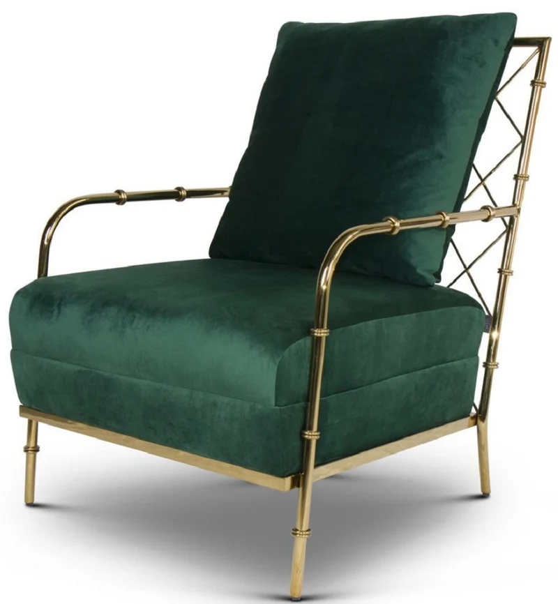 Casa Padrino Luxus Samt Sessel Dunkelgrün / Gold 65 x 72 x H. 83 cm - Moderner Edelstahl Wohnzimmer Sessel in Bambusoptik - Luxus Möbel