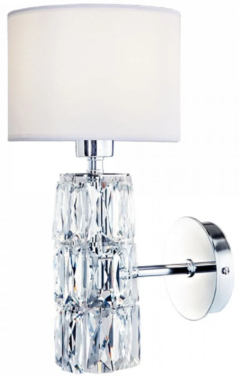 Casa Padrino Designer Wandleuchte Silber / Weiß 15 x 19 x H. 31 cm - Moderne Metall Wandlampe mit eleganten Glaselementen und rundem Lampenschirm