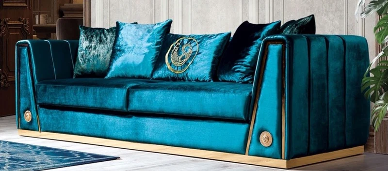 Casa Padrino Luxus Couch Türkis / Gold 260 x 90 x H. 76 cm - Edles Wohnzimmer Sofa mit dekorativen Kissen - Luxus Möbel