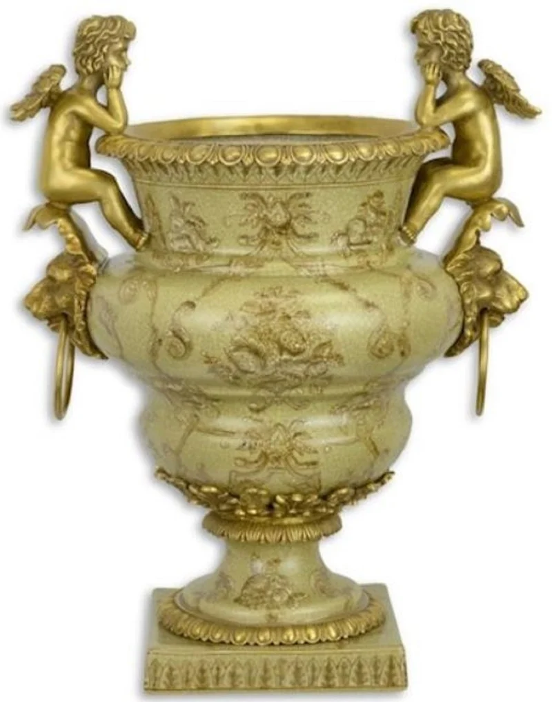 Casa Padrino Jugendstil Blumentopf Grün / Gold 27 x 19,8 x H. 33,8 cm - Porzellan Pflanzentopf mit Bronze Engelsfiguren und Löwenkopf Griffen - Deko Accessoires
