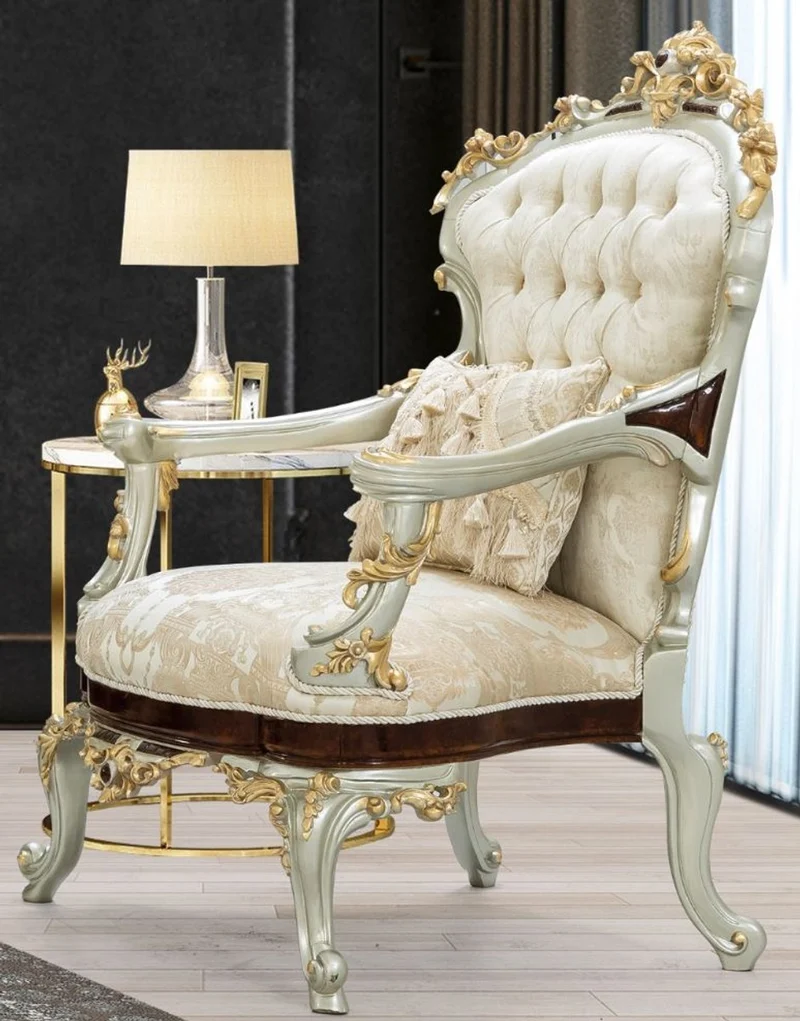 Casa Padrino Luxus Barock Sessel Creme / Beige / Dunkelbraun / Silber / Gold 83 x 80 x H. 125 cm - Prunkvoller Barockstil Wohnzimmer Sessel mit elegantem Muster - Barock Möbel