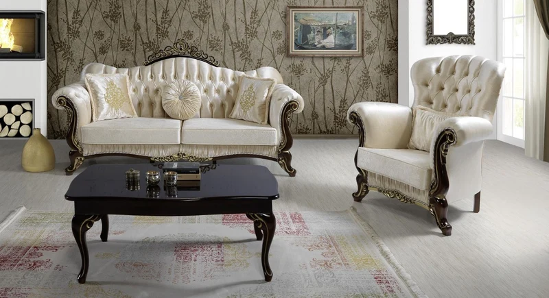 Casa Padrino Barock Wohnzimmer Set Champagnerfarben / Schwarz / Gold - 2 Sofas & 2 Sessel & 1 Couchtisch - Wohnzimmer Möbel - Edel & Prunkvoll