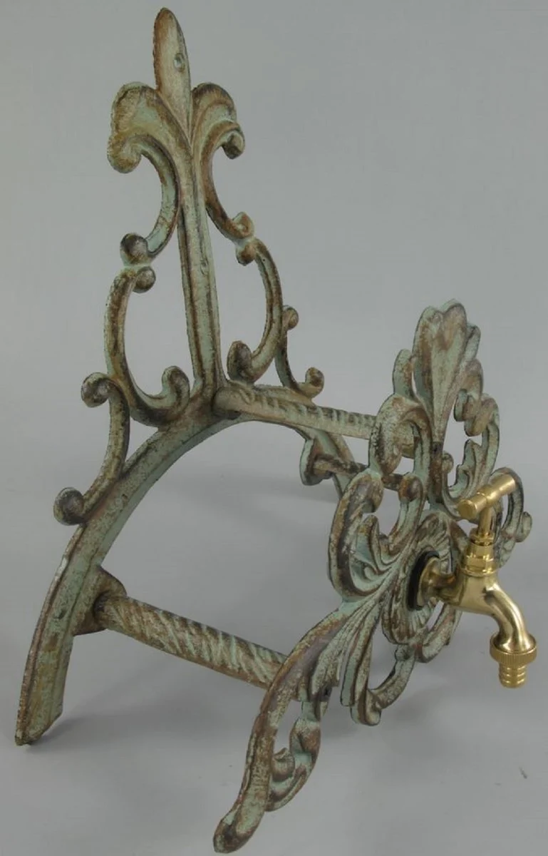 Casa Padrino Jugendstil Gartenschlauch Wandhalter mit Wasserhahn Hellgrün / Rostfarben 35 x 21 x H. 35 cm - Garten Accessoires