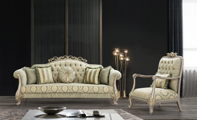 Casa Padrino Luxus Barock Wohnzimmer Set Grün / Gold / Grau / Gold - 2 Sofas & 2 Sessel - Wohnzimmer Möbel im Barockstil - Edel & Prunkvoll