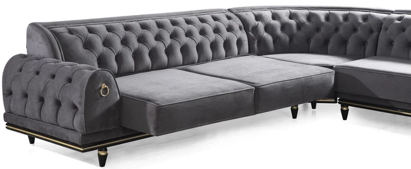 Casa Padrino Luxus Art Deco Chesterfield Ecksofa Grau / Schwarz / Gold 320 x 285 x H. 82 cm - Edles Wohnzimmer Sofa mit dekorativen Kissen - Luxus Qualität