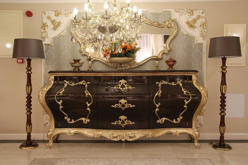 Casa Padrino Luxus Barock Kommode Dunkelbraun / Gold 243 x 60 x H. 115 cm - Prunkvoller Massivholz Schrank mit 2 Türen und 3 Schubladen - Edle Barock Möbel