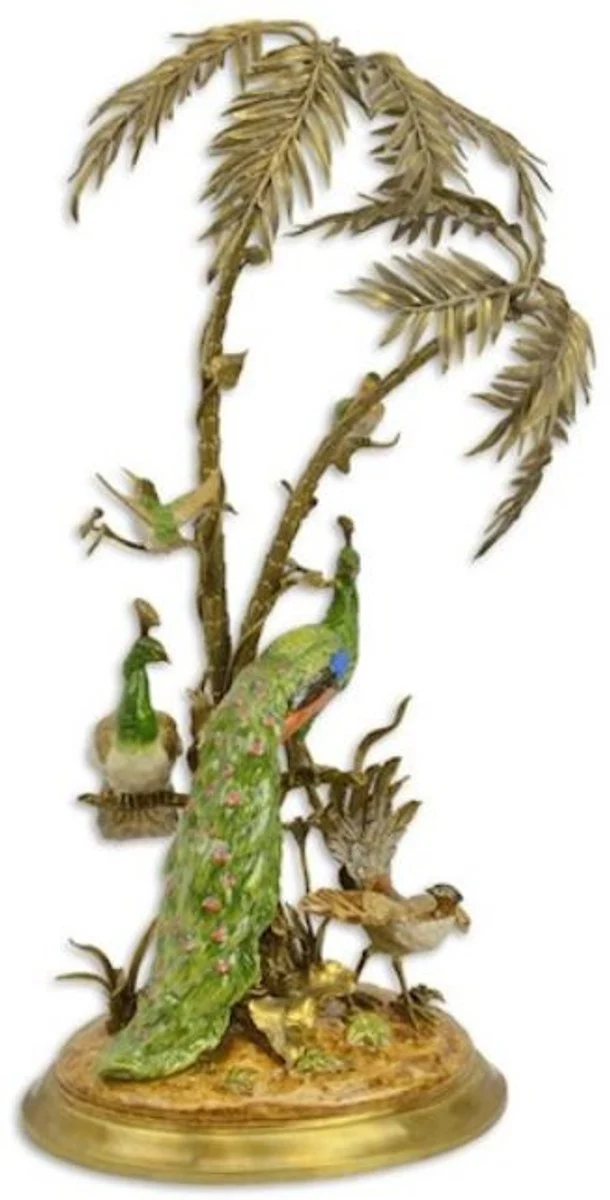 Casa Padrino Luxus Bronze Deko Palme mit exotischen Porzellan Vögeln Mehrfarbig / Gold 42 x 39 x H. 79,5 cm - Wohnzimmer Deko - Deko Accessoires