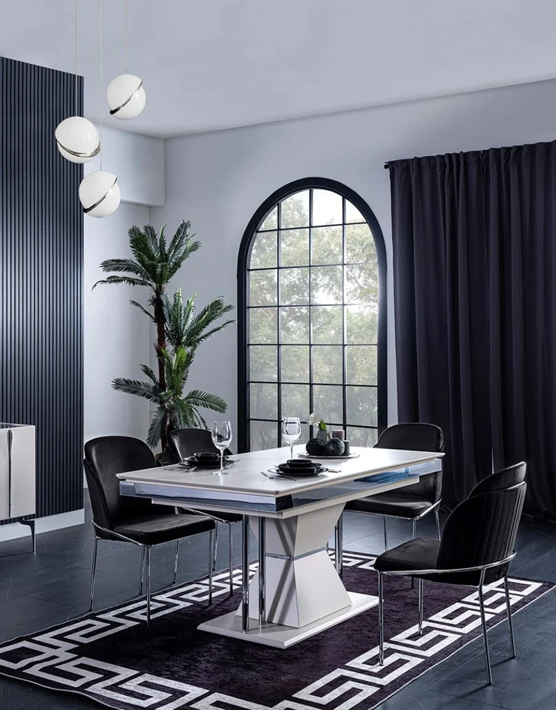 Casa Padrino Luxus Art Deco Esszimmer Set Schwarz / Weiß / Grau / Silber - 1 Esszimmertisch & 4 Esszimmerstühle - Edle Art Deco Esszimmer Möbel