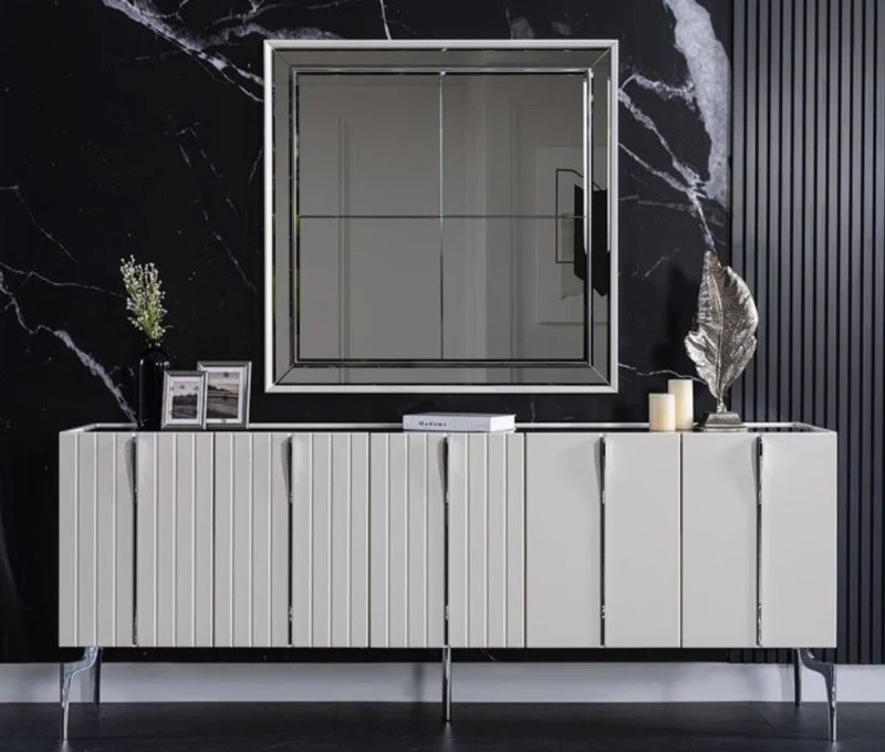 Casa Padrino Luxus Art Deco Sideboard Weiß / Schwarz / Silber 208 x 44 x H. 84 cm - Edler Schrank mit 5 Türen - Art Deco Möbel