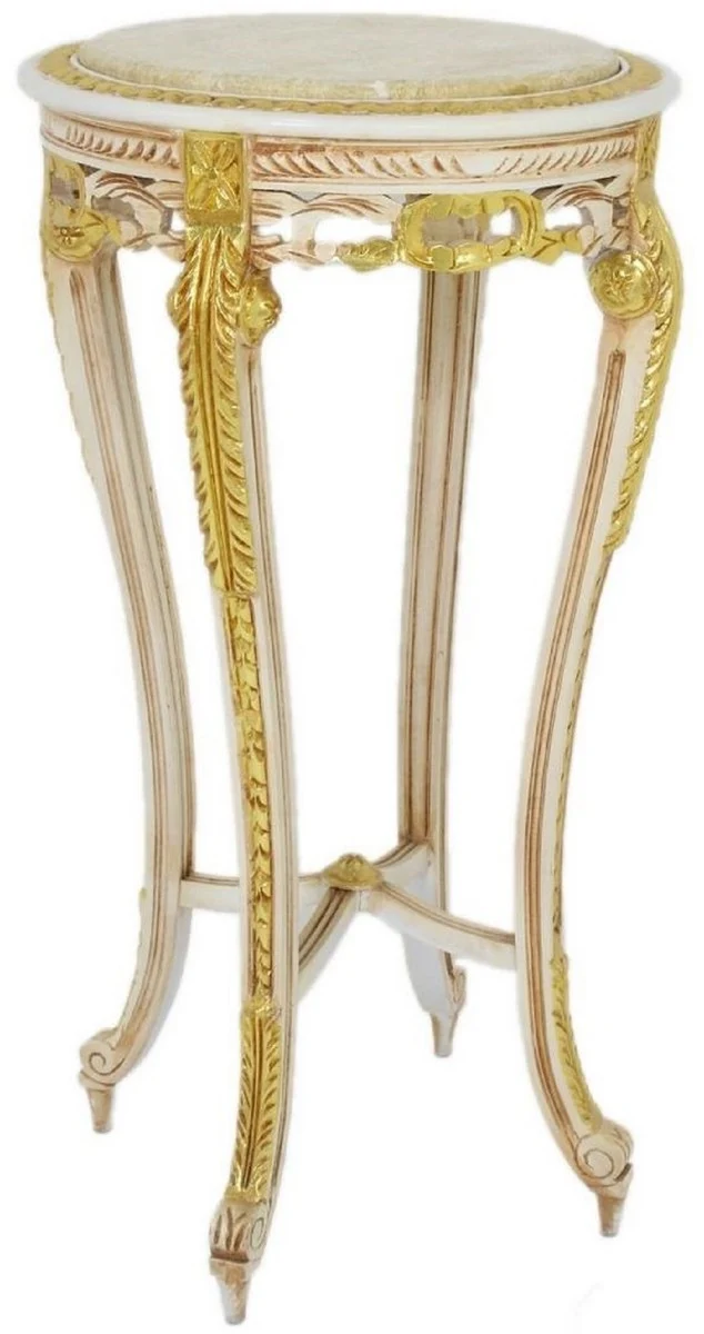 Casa Padrino Barock Beistelltisch mit Marmorplatte Weiß / Beige / Gold / Creme Ø 40 x H. 90 cm - Runder Antik Stil Tisch - Barock Wohnzimmer Möbel