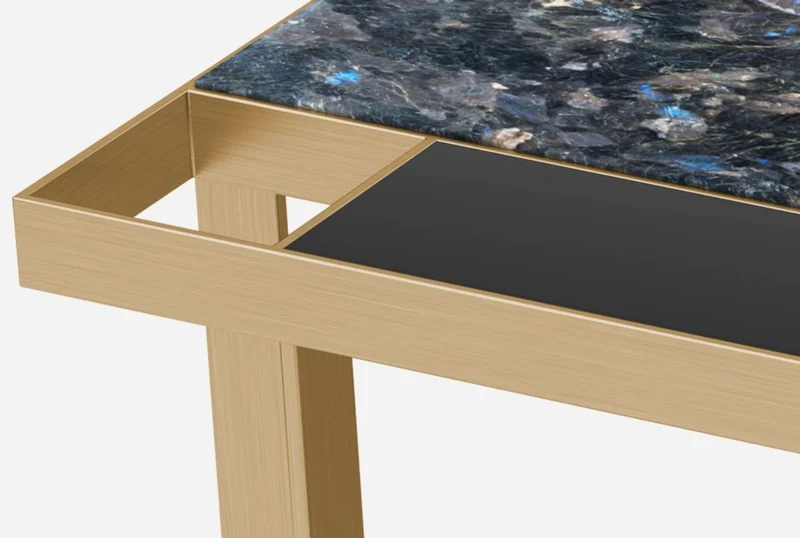 Casa Padrino Luxus Couchtisch Messingfarben / Blau-Schwarz / Schwarz 93 x 93 x H. 40 cm - Moderner quadratischer Wohnzimmertisch mit Granitplatte & Glasplatte - Luxus Wohnzimmer Möbel