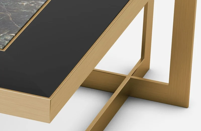 Casa Padrino Luxus Couchtisch Messingfarben / Blau-Schwarz / Schwarz 93 x 93 x H. 40 cm - Moderner quadratischer Wohnzimmertisch mit Granitplatte & Glasplatte - Luxus Wohnzimmer Möbel