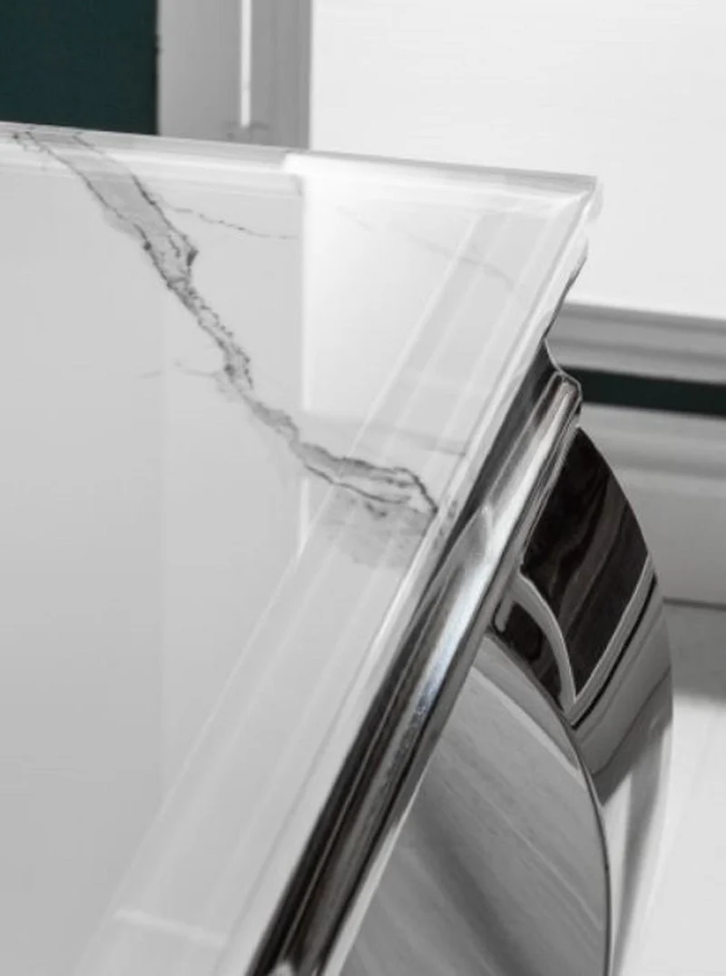 Casa Padrino Designer Esstisch Weiß / Grau / Silber 200 x 105 x H. 75 cm - Rechteckiger Edelstahl Küchentisch mit digitalbedrucktem Sicherheitsglas in Marmoroptik - Moderne Barock Möbel