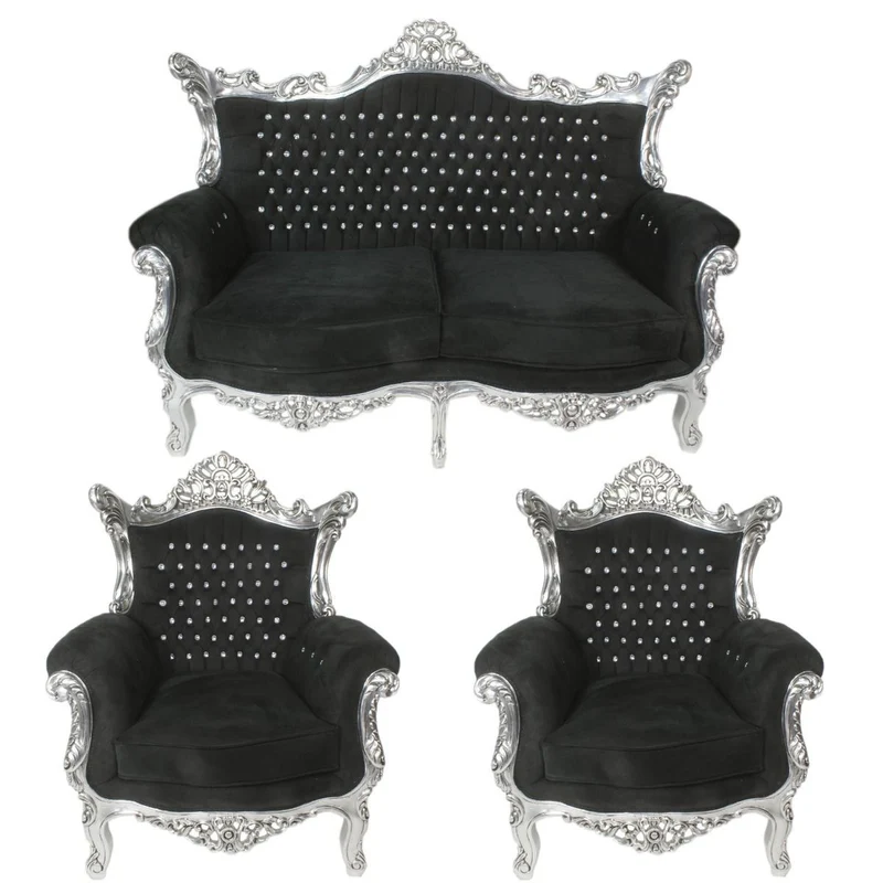 Casa Padrino Barock Wohnzimmer Set Schwarz / Silber mit Bling Bling Glitzersteinen - 2er Sofa + 2 Sessel - Barock Möbel