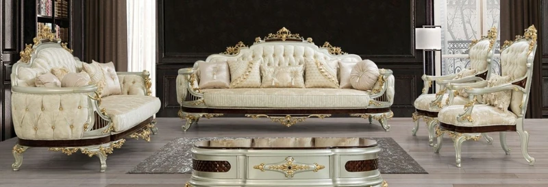 Casa Padrino Luxus Barock Wohnzimmer Set Creme / Beige / Dunkelbraun / Silber / Gold - 2 Sofas & 2 Sessel & 1 Couchtisch - Wohnzimmermöbel im Barockstil - Edel & Prunkvoll