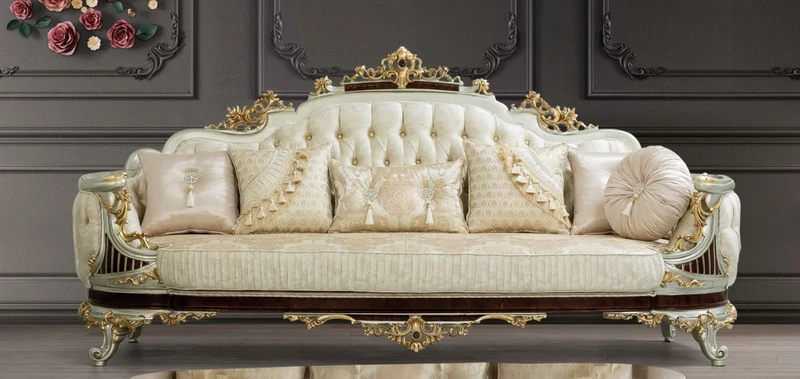 Casa Padrino Luxus Barock Wohnzimmer Set Creme / Beige / Dunkelbraun / Silber / Gold - 2 Sofas & 2 Sessel & 1 Couchtisch - Wohnzimmermöbel im Barockstil - Edel & Prunkvoll