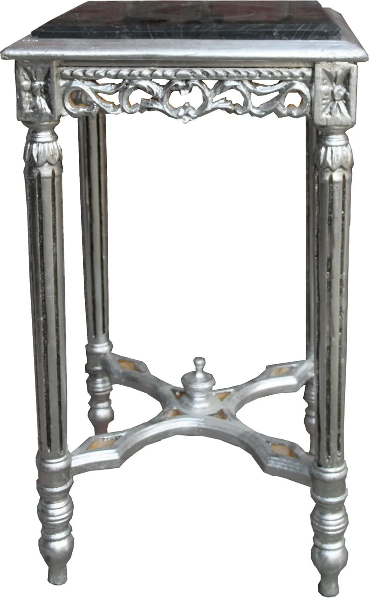 Casa Padrino Barock Beistelltisch Eckig Silber mit schwarzer Marmorplatte 41 x 41 x H 73 cm Antik Stil - Blumen Telefon Tisch