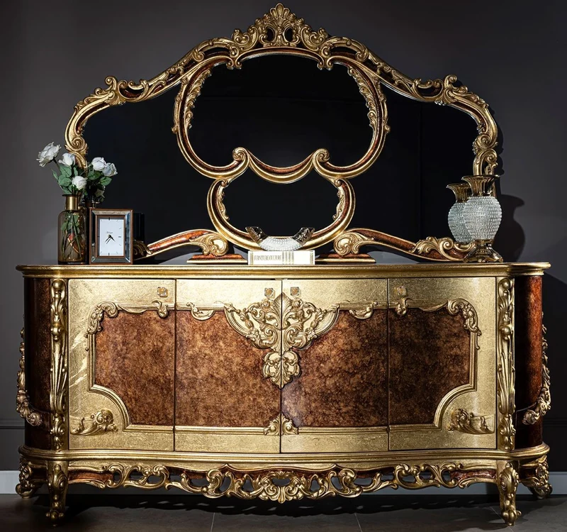 Casa Padrino Luxus Barock Möbel Set Sideboard mit Spiegel Creme / Beige / Braun / Gold - Prunkvoller Massivholz Schrank mit Wandspiegel - Edle Möbel im Barockstil - Luxus Qualität