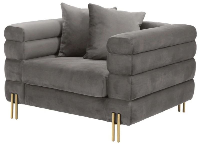 Casa Padrino Luxus Sessel Grau / Messingfarben 109 x 97 x H. 68 cm - Wohnzimmer Sessel mit edlem Samtstoff - Luxus Möbel