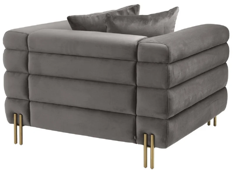 Casa Padrino Luxus Sessel Grau / Messingfarben 109 x 97 x H. 68 cm - Wohnzimmer Sessel mit edlem Samtstoff - Luxus Möbel