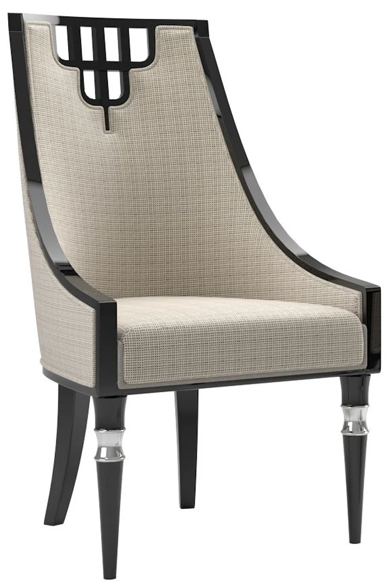 Casa Padrino Luxus Art Deco Esszimmer Set Beige / Schwarz / Silber - 1 Esszimmertisch & 6 Esszimmerstühle - Art Deco Esszimmer Möbel - Luxus Qualität