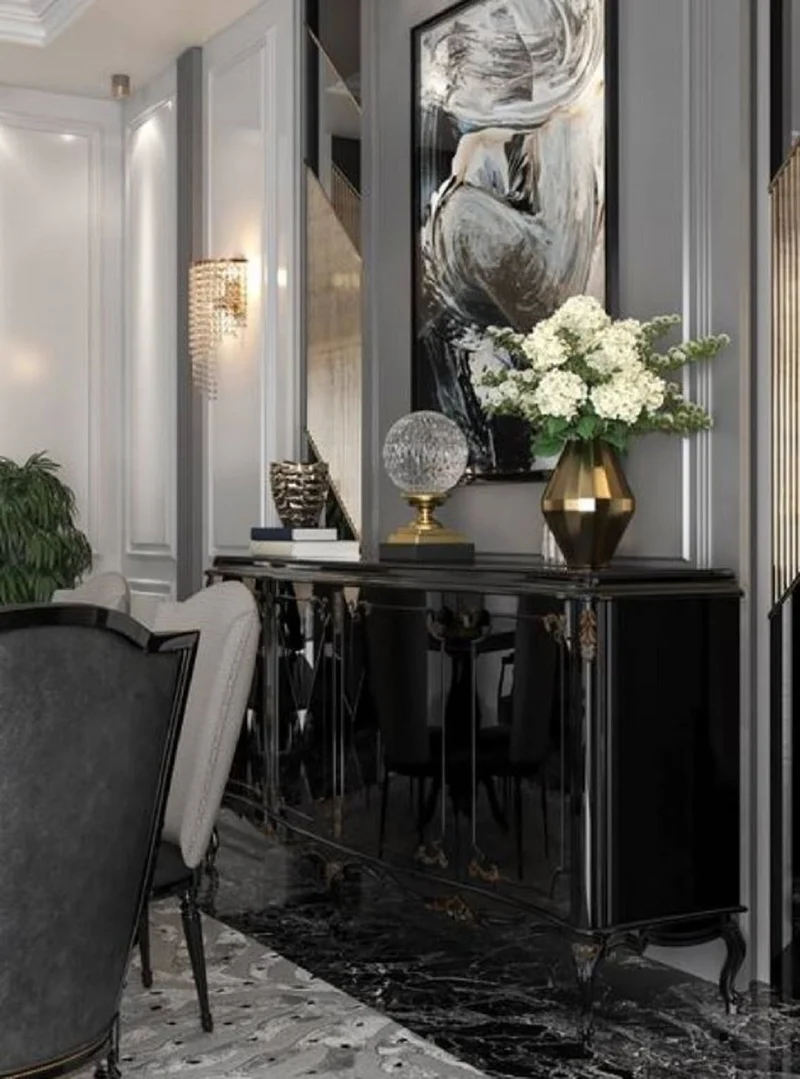 Casa Padrino Luxus Barock Sideboard Schwarz / Antik Gold 226 x 57 x H. 103 cm - Edler Wohnzimmer Schrank mit 4 Türen und Glasplatte - Hochwertige Wohnzimmer Möbel im Barockstil