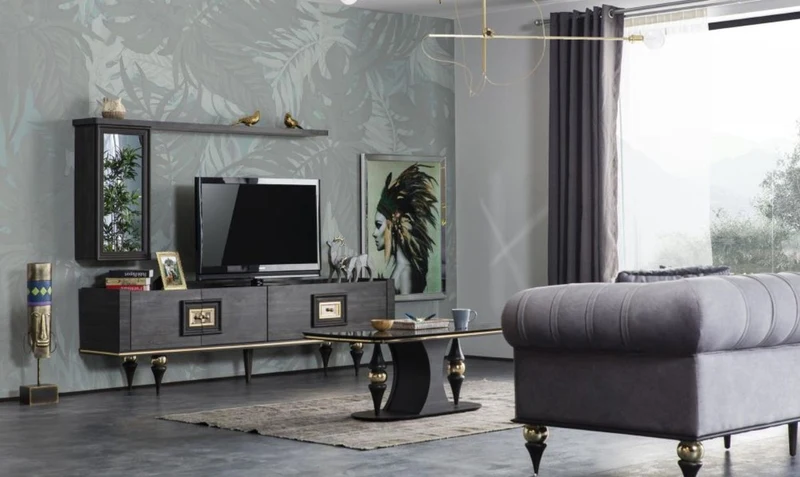 Casa Padrino Luxus Art Deco TV Schrank Grau / Schwarz / Messingfarben 226 x 44 x H. 65 cm - Edler Wohnzimmer Fernsehschrank mit Schublade und 2 Türen - Art Deco Möbel