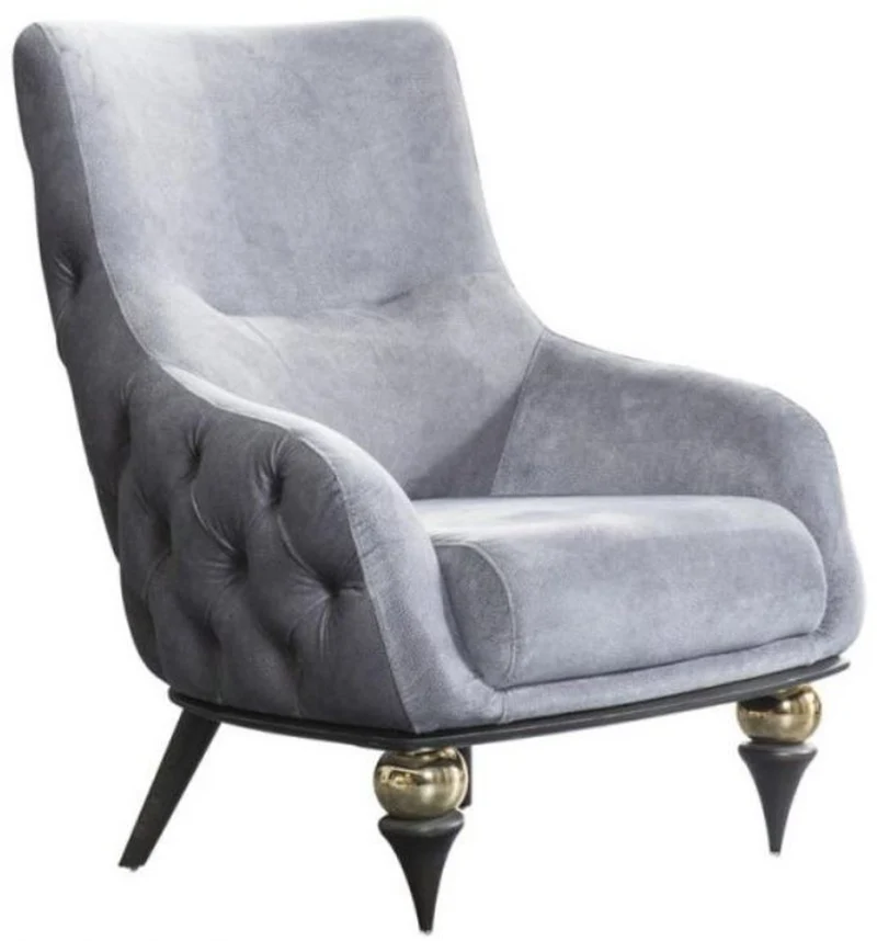 Casa Padrino Luxus Art Deco Chesterfield Sessel Hellgrau / Schwarz / Messingfarben 80 x 95 x H. 100 cm - Wohnzimmer Möbel
